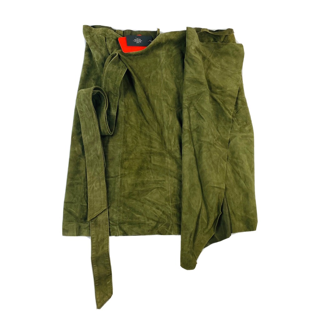 Eleventy Olive Green Sheepskin Suede Ruffle Tie Skirt Womens 4 NWT